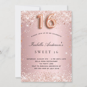 Sweet 16 blush pink rose gold glitter dust party invitation