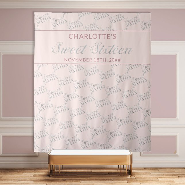 Sweet 16 Blush Pink Silver Birthday Party Backdrop Tapestry (Creator Uploaded)