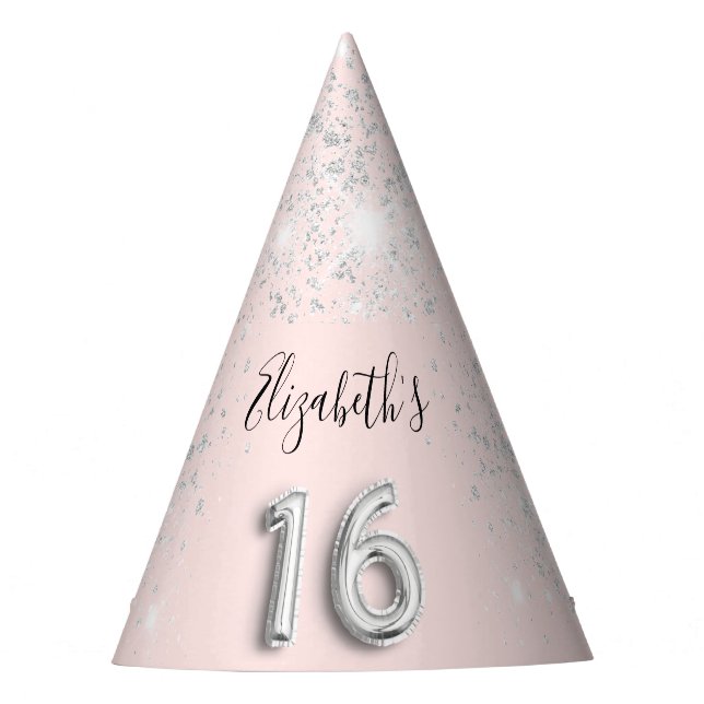 Sweet 16 blush pink silver sparkles name party hat (Front)