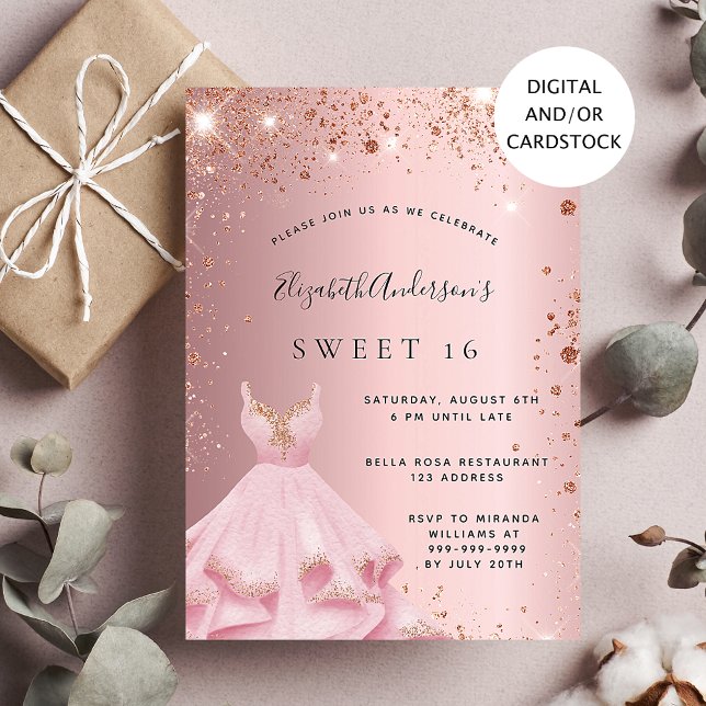 Sweet 16 blush pink sparkle dress invitation (Creator Uploaded)