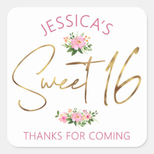 Sweet 16 Blush Pink Watercolor Floral Gold Script Square Sticker