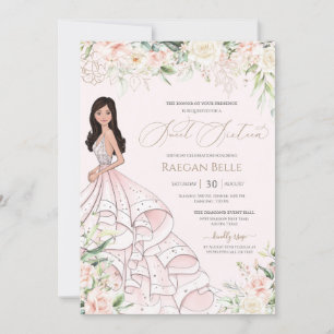 Sweet 16 Blush Pink White Roses & Luxury Gown Invitation