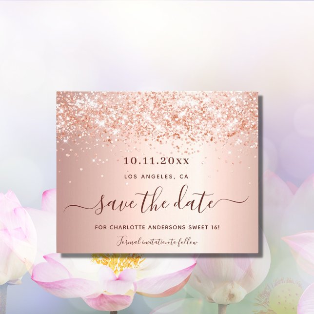 Sweet 16 blush rose glitter budget Save the Date Flyer (Creator Uploaded)