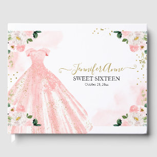 Sweet 16 Blush Watercolor Flowers Pink Dress Guest Book