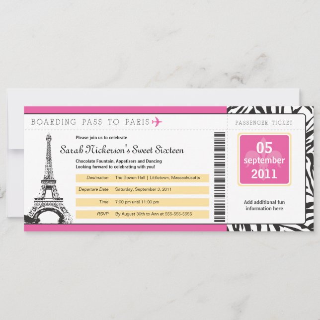Sweet 16 Boarding Pass to Paris Invitation (Front)