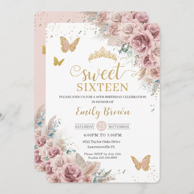 Sweet 16 Boho Blush Dusty Rose Floral Pampas Grass Invitation (Front/Back)
