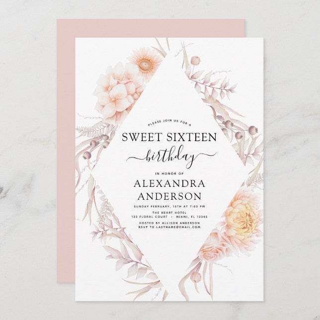 Sweet 16 Boho Dusty Pink Floral 16th Birthday Invi Invitation (Front/Back)