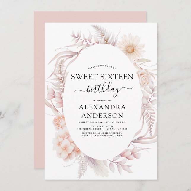 Sweet 16 Boho Dusty Pink Floral Birthday Invitation (Front/Back)