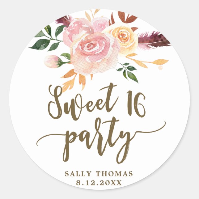 sweet 16 boho floral pink favour sticker (Front)