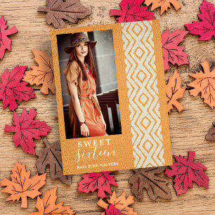Sweet 16 Boho Tribal Textile Texture Photo Orange Announcement Postcard