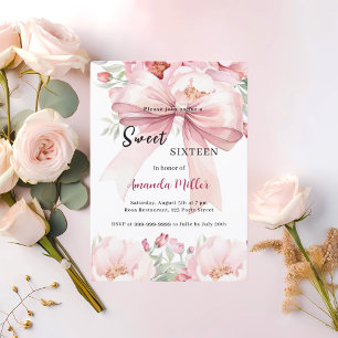 Sweet 16 bow pink watercolor florals invitation
