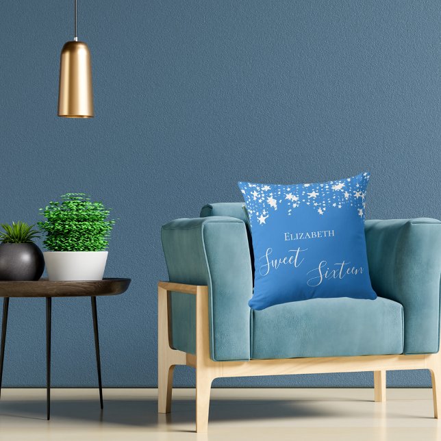 Sweet 16 bright blue white stars name cushion (Creator Uploaded)