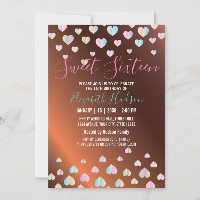 Sweet 16 Bronze Invitation with Colrful Speckles (Front)