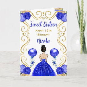 Sweet 16 Brown Hair Princess Blue Happy Birthday Card
