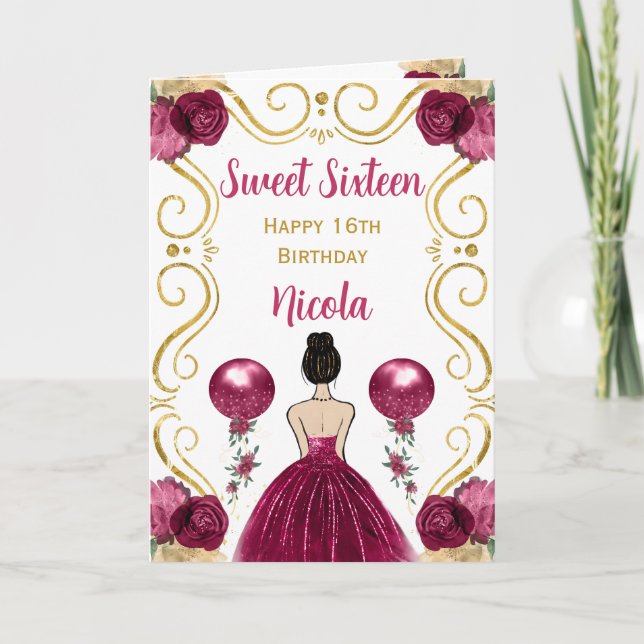 Sweet 16 Brown Hair Princess Burgundy Birthday Card (Front)