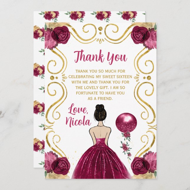 Sweet 16 Brown Hair Princess Burgundy  Thank You Card (Front/Back)