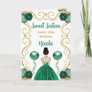 Sweet 16 Brown Hair Princess Green Happy Birthday Card