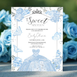 Sweet 16 Budget Invitation Dusty Blue Butterfly 