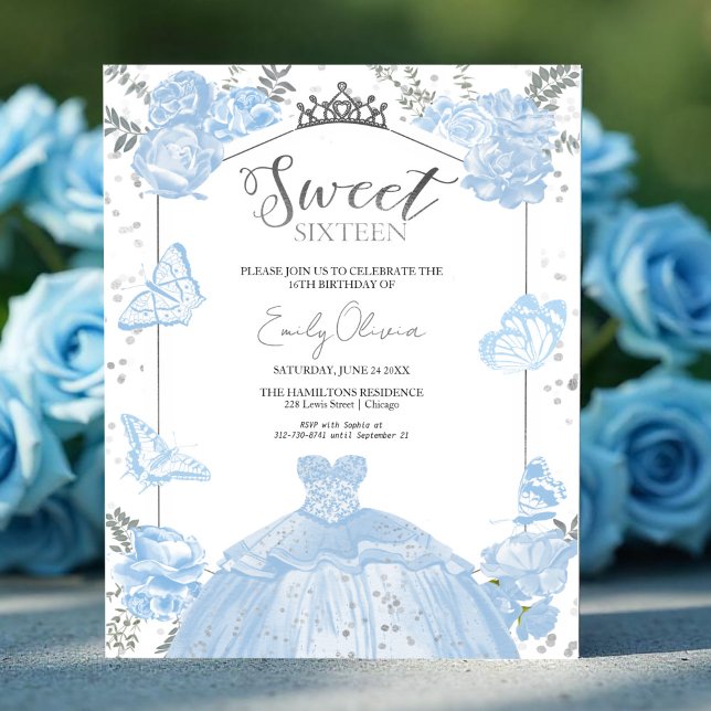 Sweet 16 Budget Invitation Dusty Blue Butterfly  (Creator Uploaded)