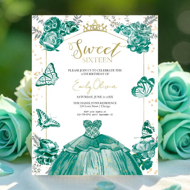 Sweet 16 Budget Invitation Emerald Green Butterfly (Creator Uploaded)
