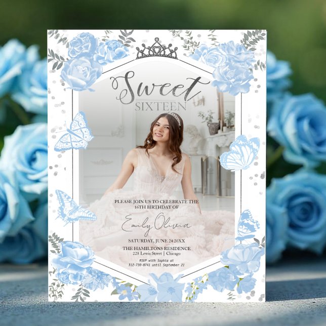 Sweet 16 Budget Photo Invitation Blue Butterfly (Creator Uploaded)