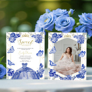 Sweet 16 Budget Photo Invitation Blue Butterfly