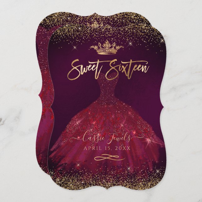Sweet 16 Burgundy Gold Confetti+Princess Crown Invitation (Front/Back)
