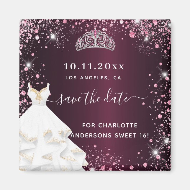Sweet 16 burgundy pink dress save the date magnet (Front)