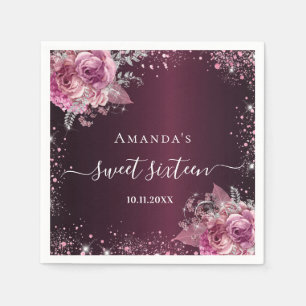 Sweet 16 burgundy pink florals name script napkin