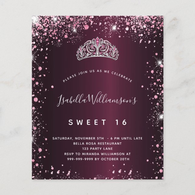 Sweet 16 burgundy pink glitter tiara invitation (Front)