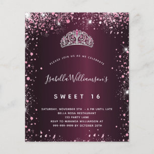 Sweet 16 burgundy pink glitter tiara invitation
