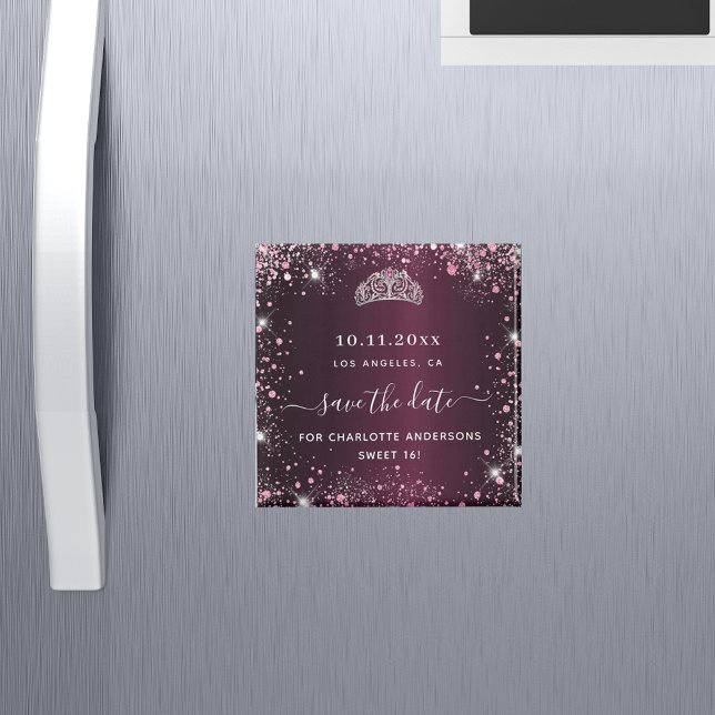 Sweet 16 burgundy pink tiara save the date magnet (Creator Uploaded)