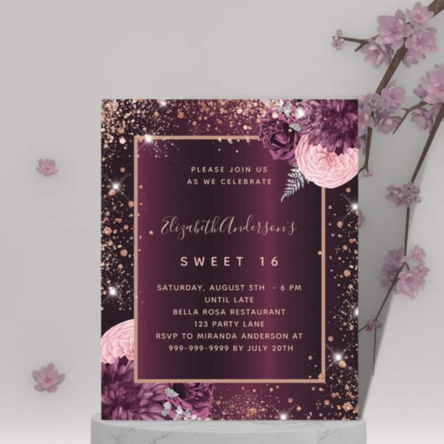 Sweet 16 burgundy rose gold budget invitation flyer (Creator Uploaded)