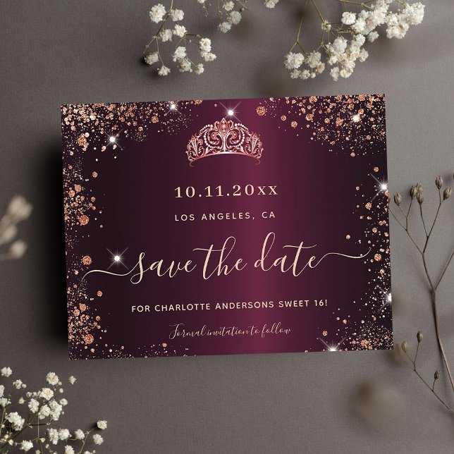 Sweet 16 burgundy rose gold budget save the date flyer (Creator Uploaded)