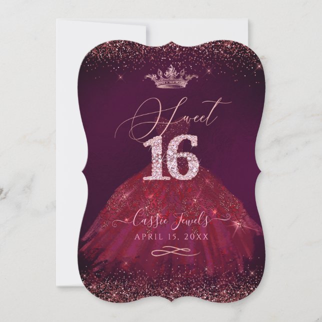 Sweet 16 Burgundy Rose Gold Confetti Princess Invitation (Front)