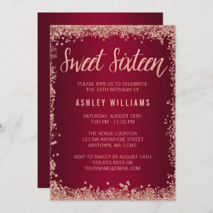 Sweet 16 Burgundy Rose Gold Faux Glitter Birthday Invitation