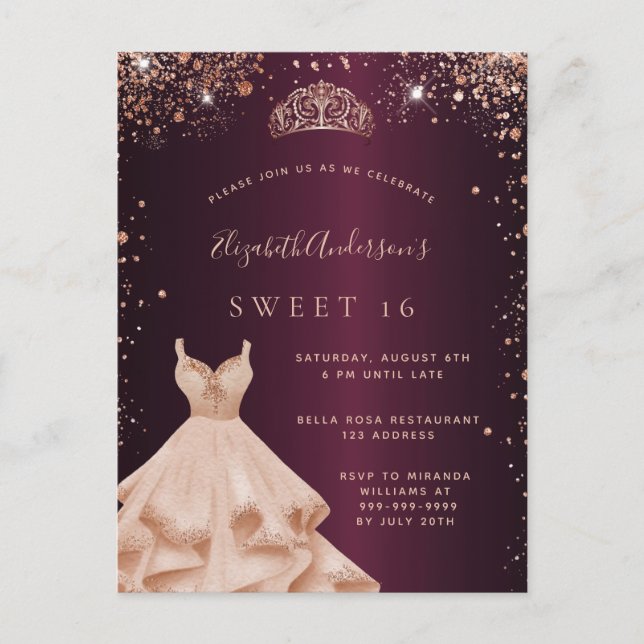 Sweet 16 burgundy rose gold glitter dress tiara invitation postcard (Front)