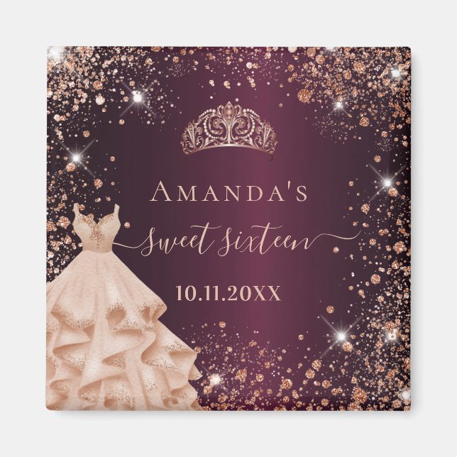 Sweet 16 burgundy rose gold tiara dress name magnet (Front)