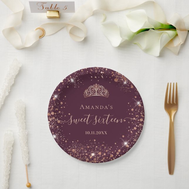 Sweet 16 burgundy rose gold tiara name script paper plate (Wedding)