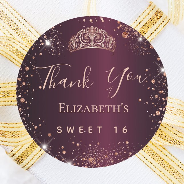 Sweet 16 burgundy rose gold tiara thank you classic round sticker (Creator Uploaded)