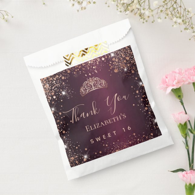 Sweet 16 burgundy rose gold tiara thank you favour bag (Sealed)