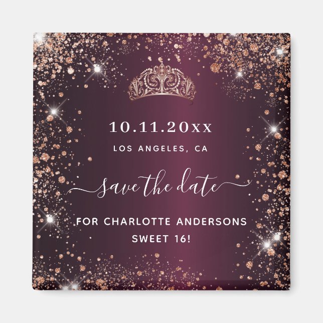 Sweet 16 burgundy tiara rose gold save the date magnet (Front)