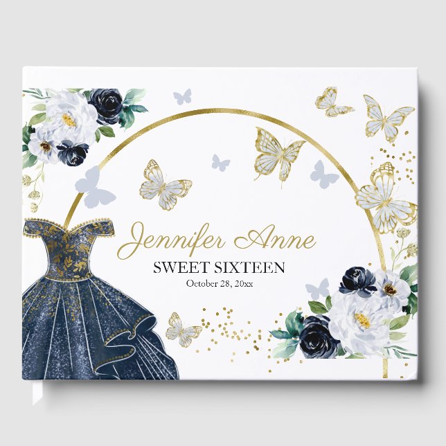 Sweet 16 Butterfly Flowers Dark Blue Dress Guest Book (Front)