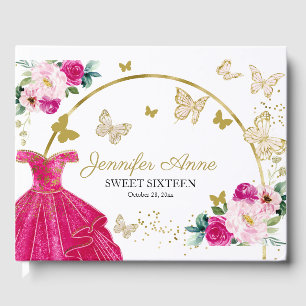 Sweet 16 Butterfly Flowers Hot Pink Dress Guest Book