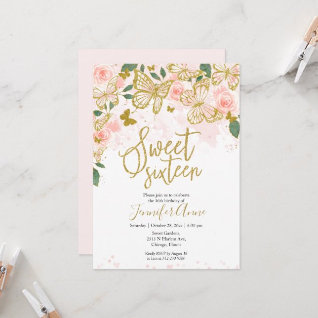 Sweet 16   Butterfly Invitation Blush Floral Gold (Front/Back In Situ)