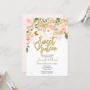 Sweet 16   Butterfly Invitation Blush Floral Gold