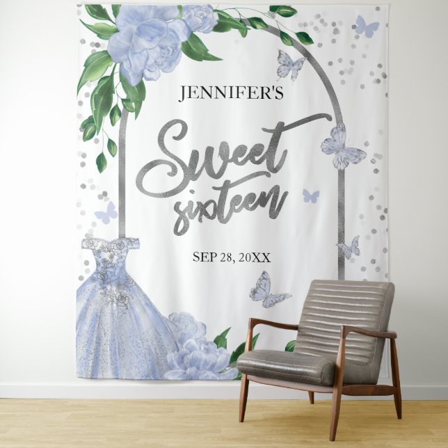 Sweet 16 Butterflys Dusty Blue Gown Backdrop Tapestry (In Situ)
