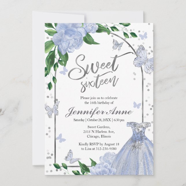 Sweet 16 Butterflys Dusty Blue Gown Invitation (Front)