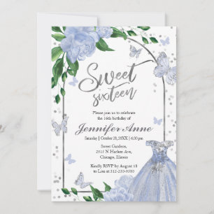 Sweet 16 Butterflys Dusty Blue Gown Invitation