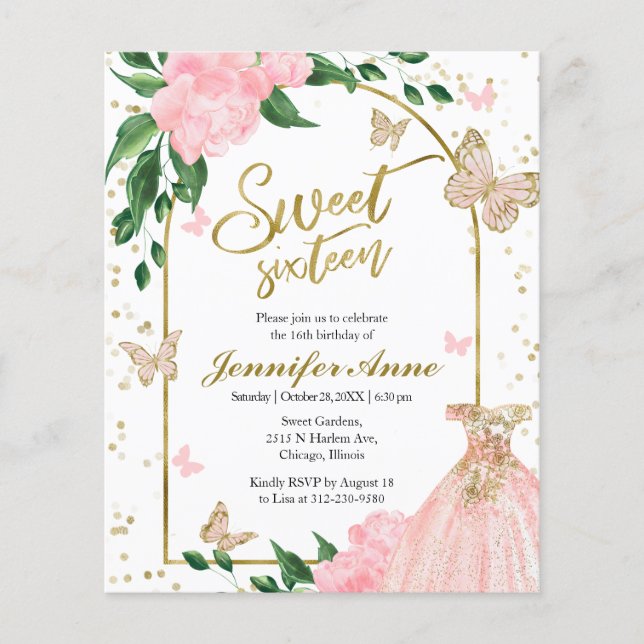 Sweet 16 Butterflys Dusty Pink Budget Invitation (Front)